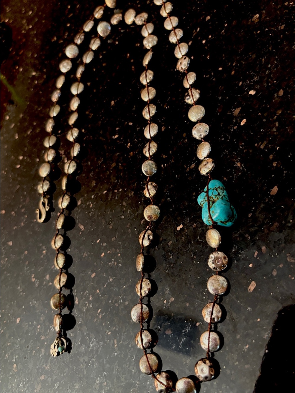 Lucky Brand Hammered Silver Disc Bead Corded Necklace with Turquoise Nugget 36” - Picture 6 of 9